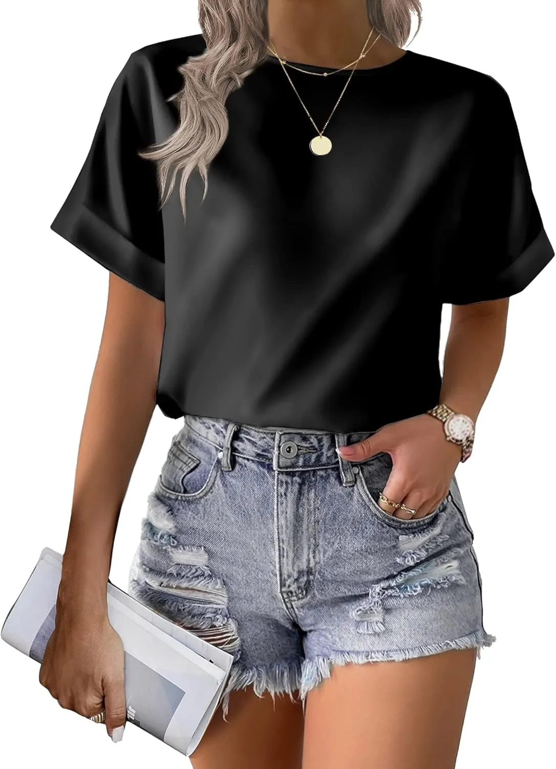 Beyove Women's Short Sleeve Pullover Blouses Satin Silk Shirts Casual Loose Elegant Work Tunic Tops