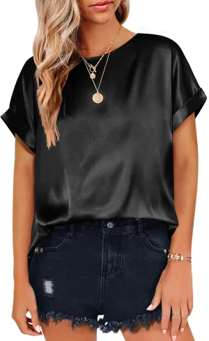 Beyove Women's Short Sleeve Pullover Blouses Satin Silk Shirts Casual Loose Elegant Work Tunic Tops