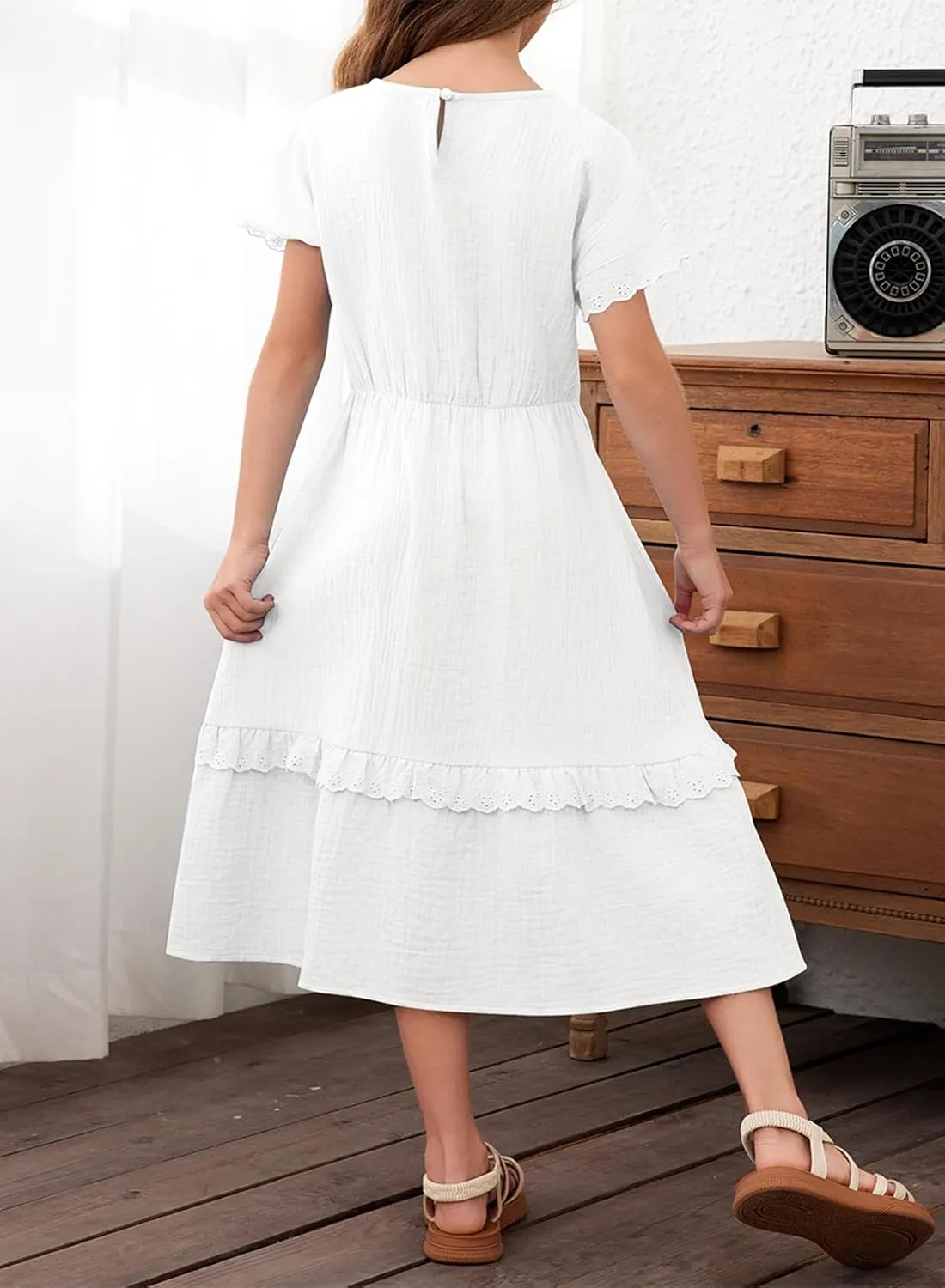 blibean Girls Cotton Short Sleeve Dresses Lace Semi Formal Dress Size 6-15 Years