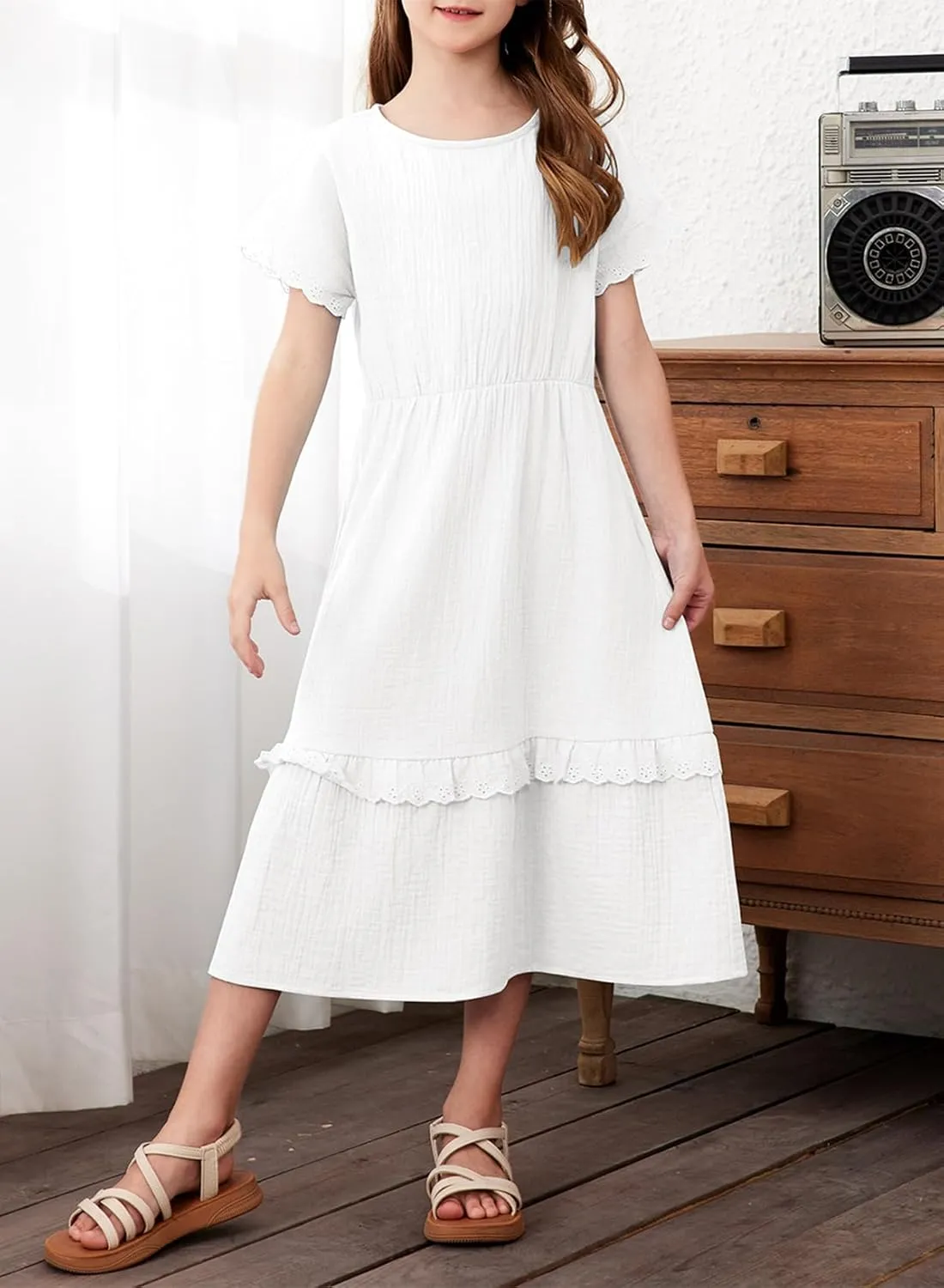 blibean Girls Cotton Short Sleeve Dresses Lace Semi Formal Dress Size 6-15 Years