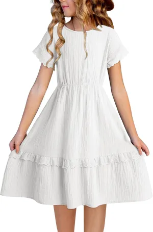 blibean Girls Cotton Short Sleeve Dresses Lace Semi Formal Dress Size 6-15 Years