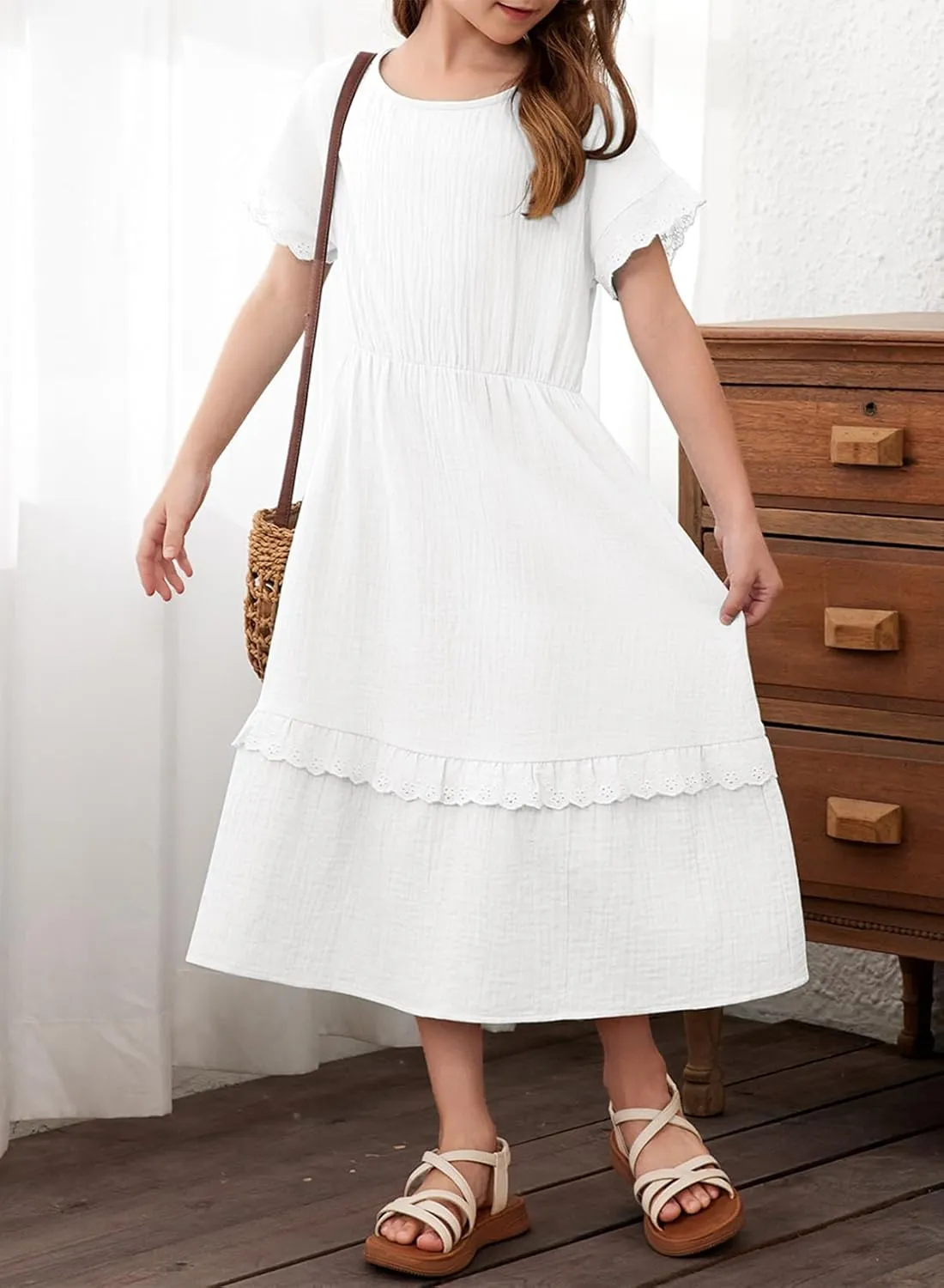 blibean Girls Cotton Short Sleeve Dresses Lace Semi Formal Dress Size 6-15 Years