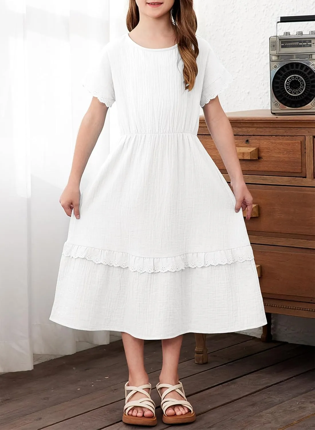 blibean Girls Cotton Short Sleeve Dresses Lace Semi Formal Dress Size 6-15 Years