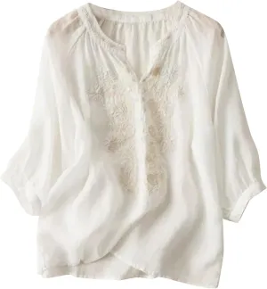 Bohemian Tops for Women Summer Embroidered Cotton Linen Blouses Flowy Short Sleeve Shirts Mexican Tees