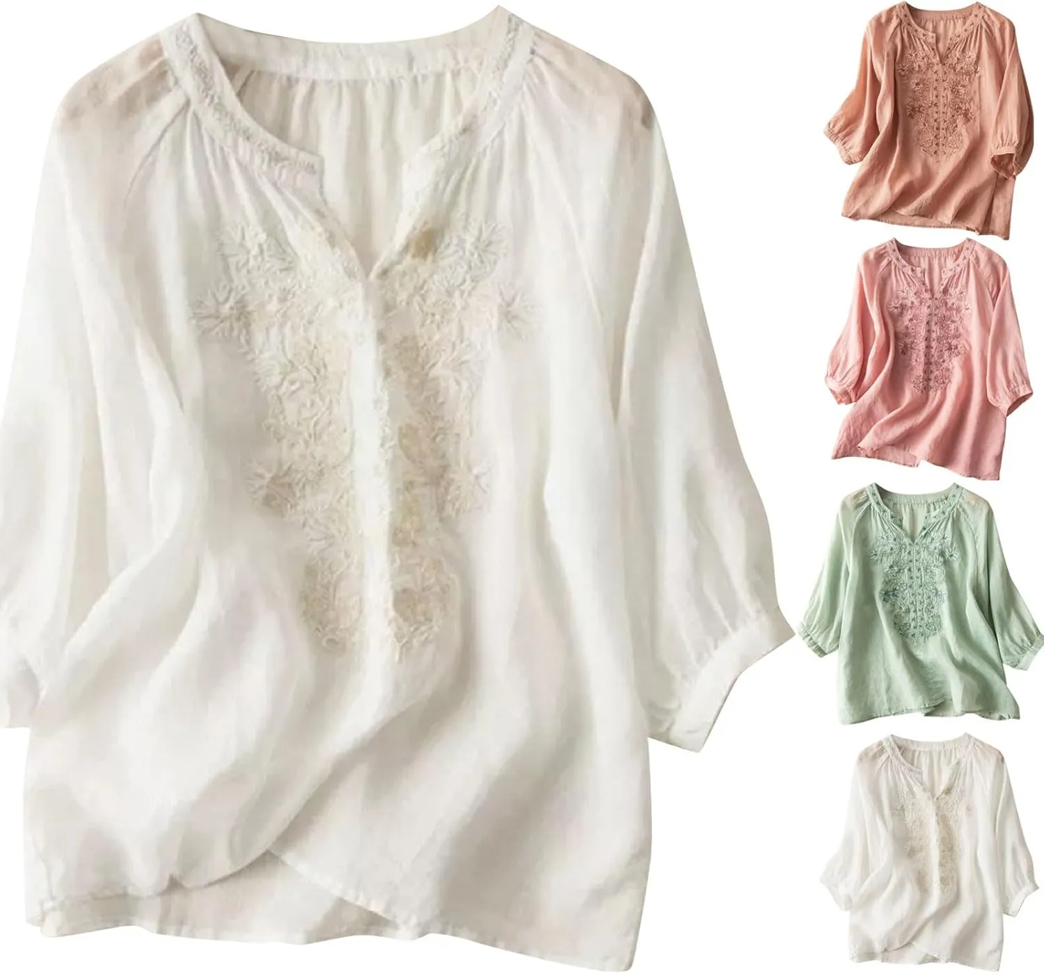 Bohemian Tops for Women Summer Embroidered Cotton Linen Blouses Flowy Short Sleeve Shirts Mexican Tees