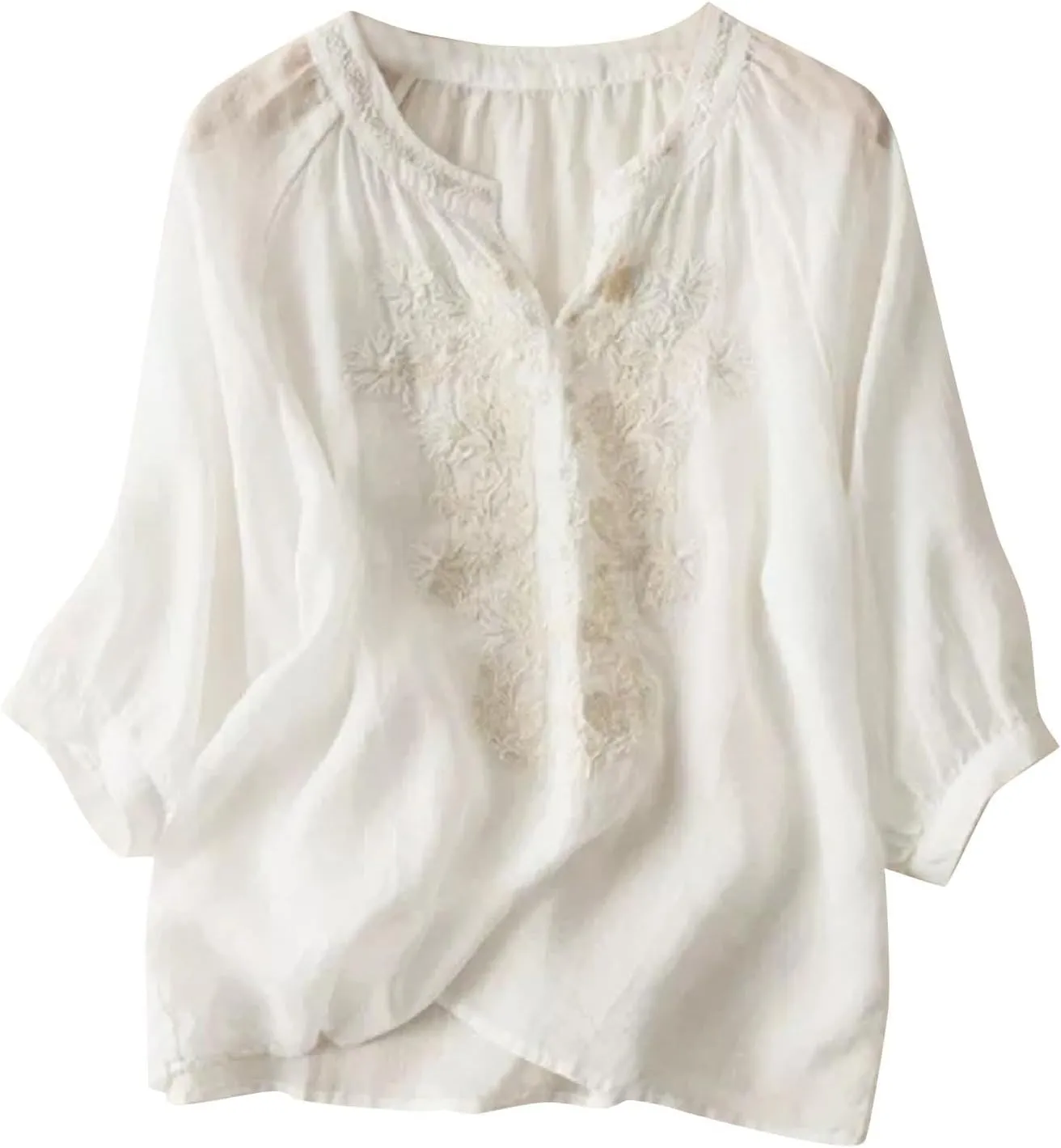 Bohemian Tops for Women Summer Embroidered Cotton Linen Blouses Flowy Short Sleeve Shirts Mexican Tees