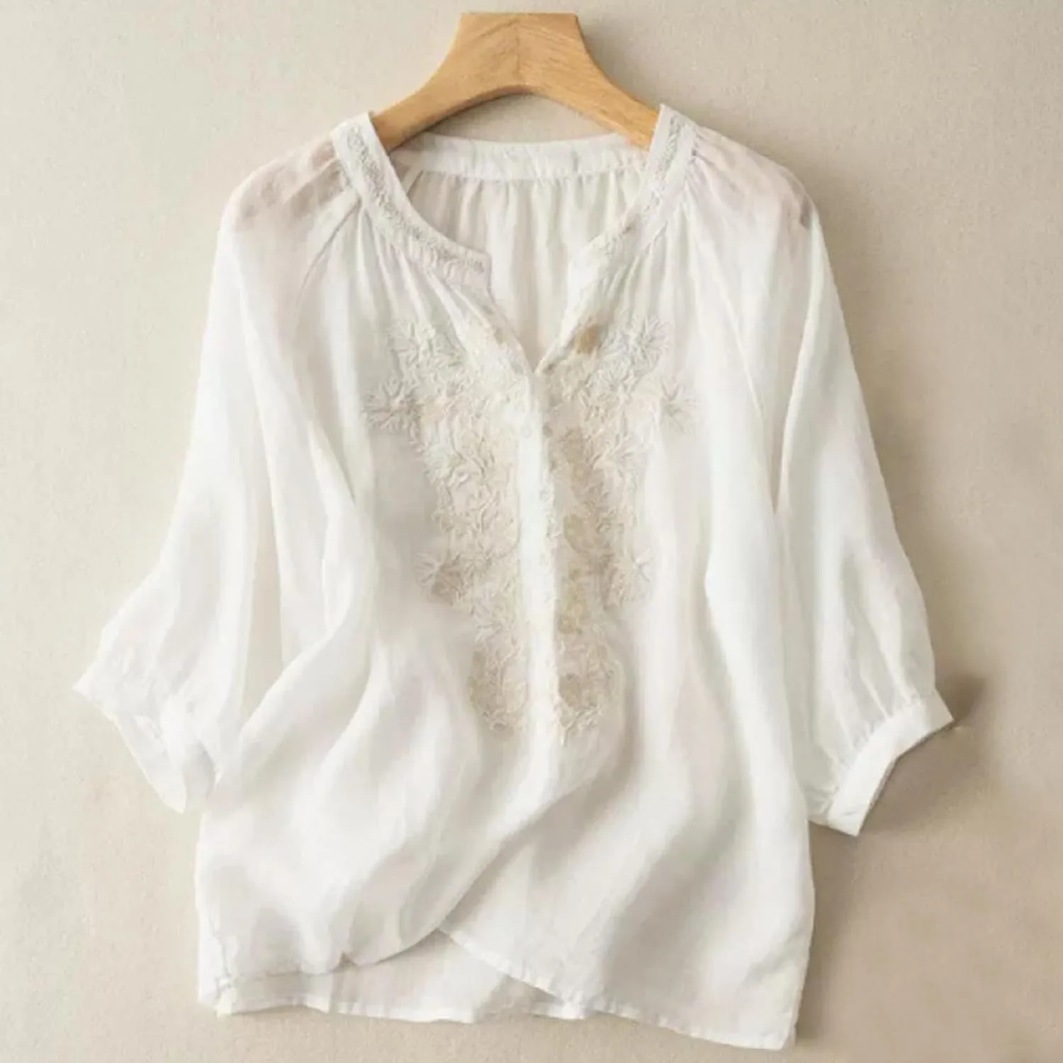 Bohemian Tops for Women Summer Embroidered Cotton Linen Blouses Flowy Short Sleeve Shirts Mexican Tees
