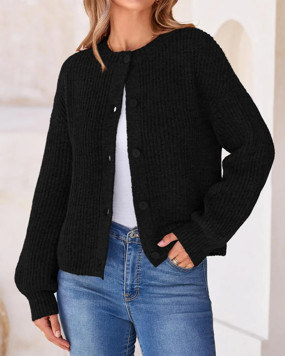 BTFBM Women's Chunky Knit Fall Cardigan 2025 Winter Long Sleeve Button Down Soft Loose Cropped Sweater Outerwear