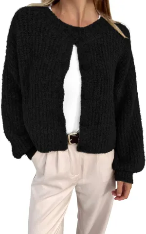 BTFBM Women's Chunky Knit Fall Cardigan 2025 Winter Long Sleeve Button Down Soft Loose Cropped Sweater Outerwear