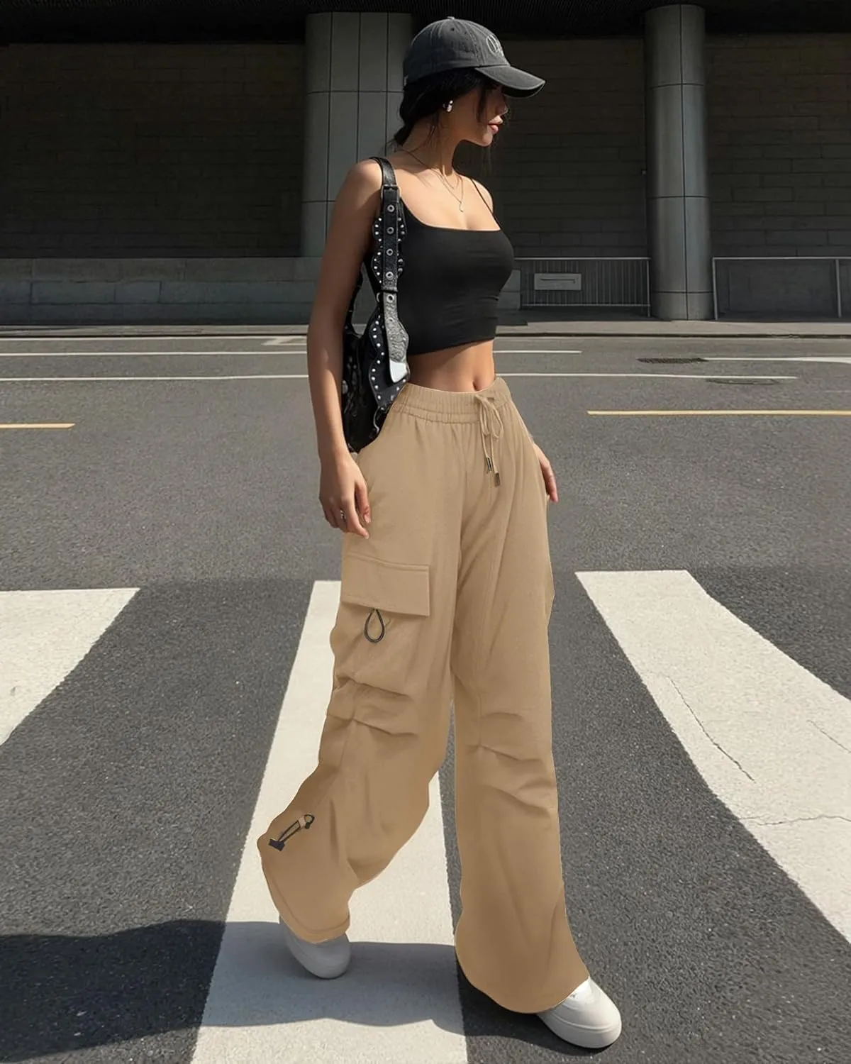Cargo Pants Women Baggy High Waisted Parachute Pants with Pockets Wide Leg Y2K Casual Pants for Women