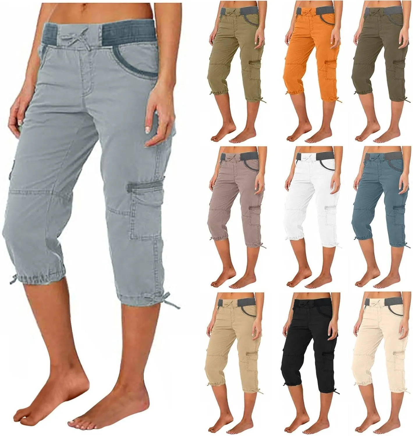 Cargo Pants Women Plus Size Cotton Linen Capri Bermuda Shorts Summer Casual Comfy Knee Length Hiking Pant