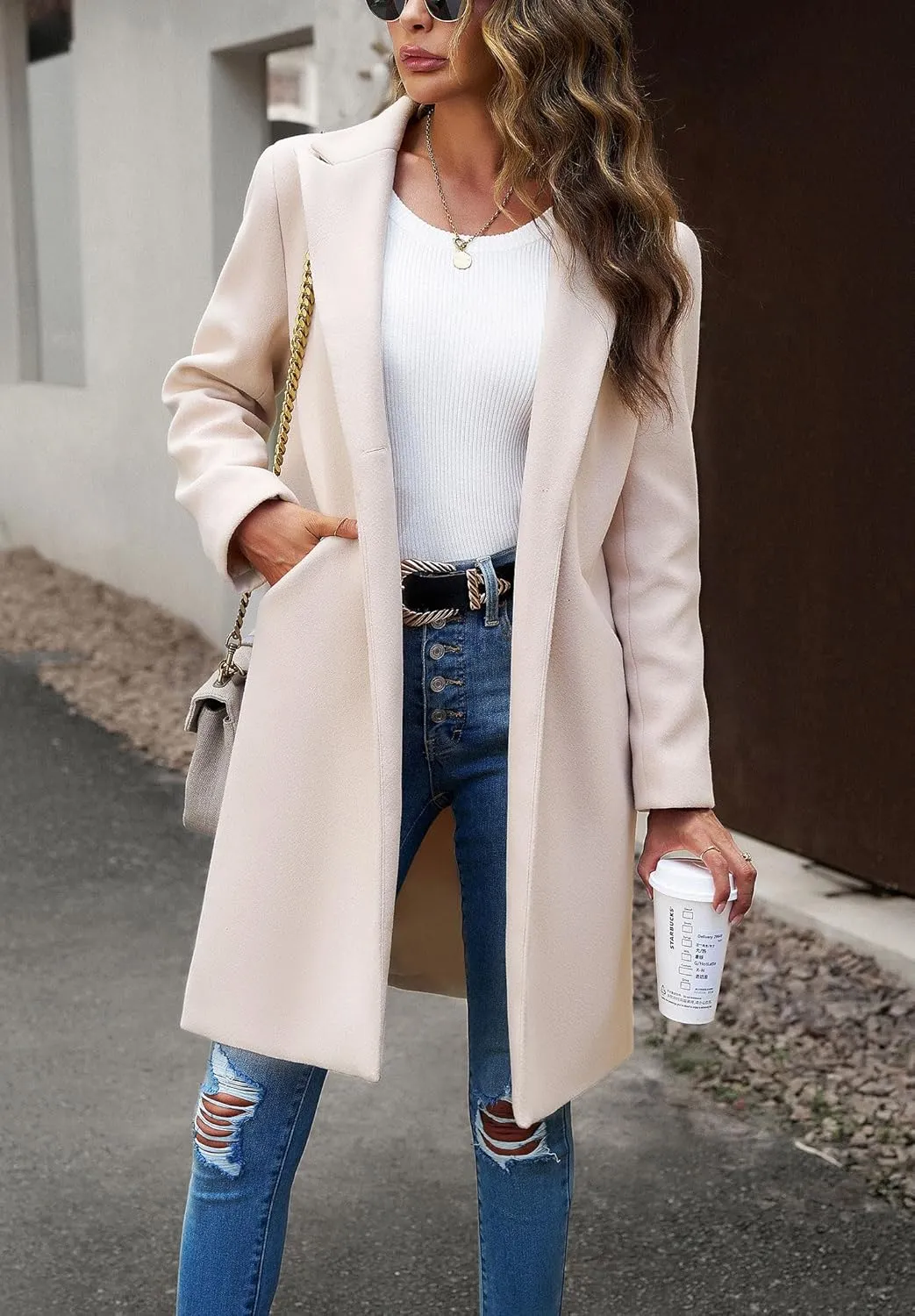 chouyatou Women's Fall Notch Lapel Blazer Wool Coat Office Work Wear Warm Winter Pea Coat