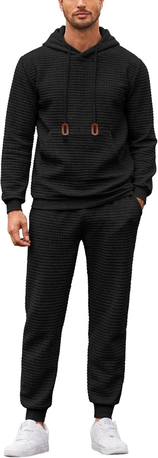 COOFANDY Men's Tracksuit 2 Piece Hoodie Sweatsuit Sets Casual Athletic Jogging Suits Waffle Plaid Jacquard Outfits