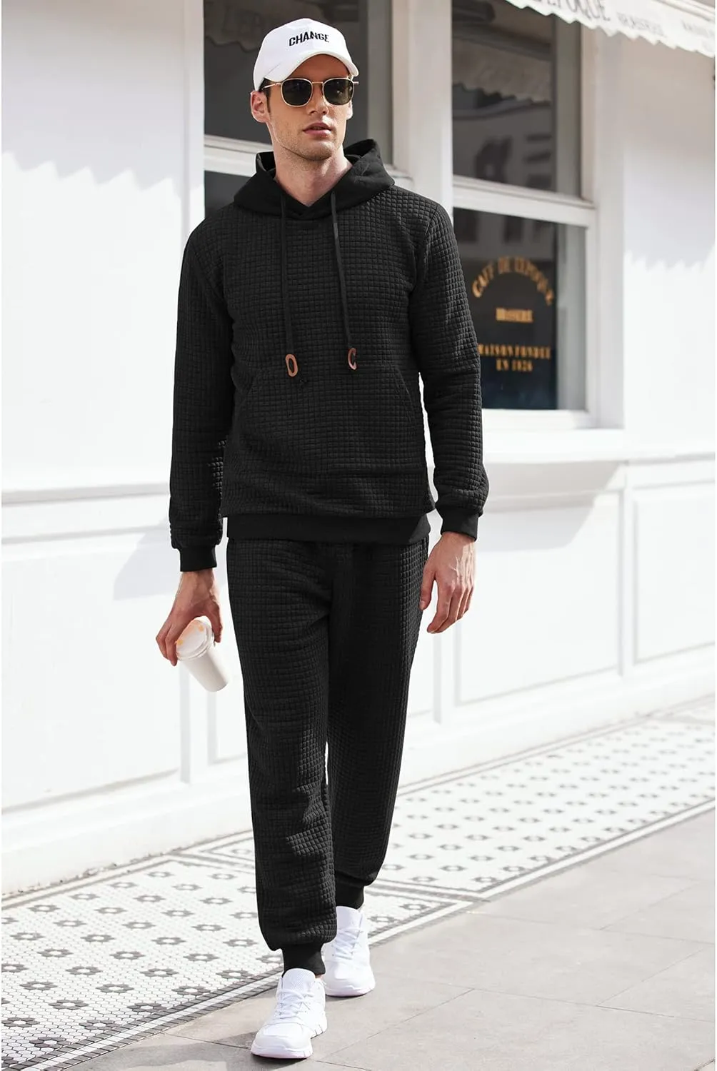 COOFANDY Men's Tracksuit 2 Piece Hoodie Sweatsuit Sets Casual Athletic Jogging Suits Waffle Plaid Jacquard Outfits