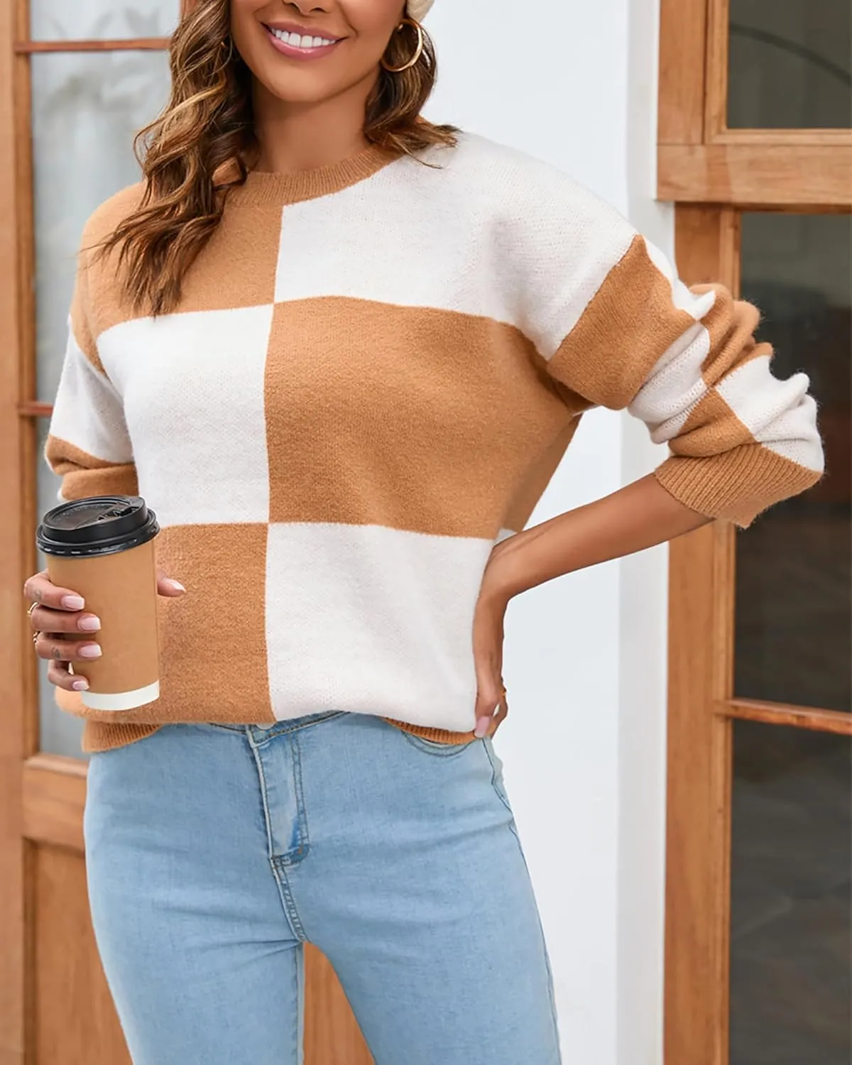 CORIRESHA Women's Color Block Check Crew Neck Long Sleeve Chunky Casual Knit Pullover Sweater