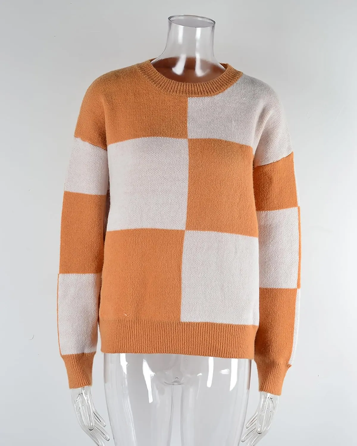 CORIRESHA Women's Color Block Check Crew Neck Long Sleeve Chunky Casual Knit Pullover Sweater