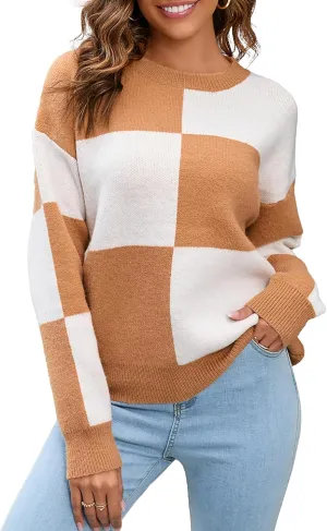 CORIRESHA Women's Color Block Check Crew Neck Long Sleeve Chunky Casual Knit Pullover Sweater