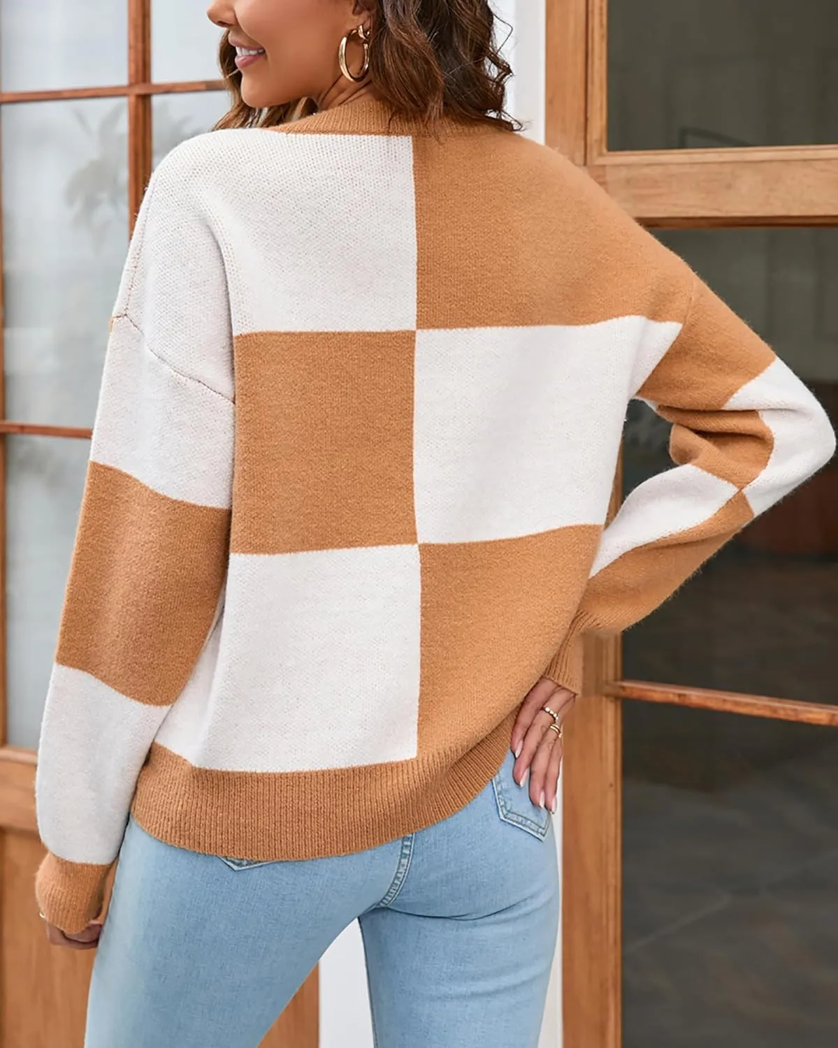 CORIRESHA Women's Color Block Check Crew Neck Long Sleeve Chunky Casual Knit Pullover Sweater