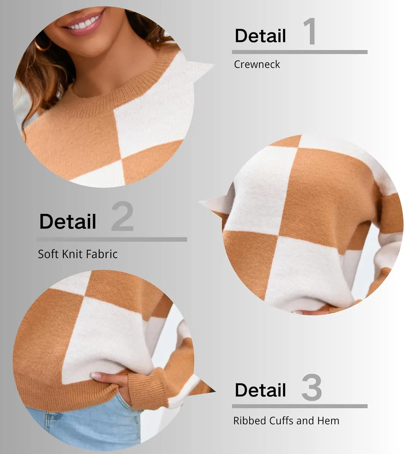 CORIRESHA Women's Color Block Check Crew Neck Long Sleeve Chunky Casual Knit Pullover Sweater