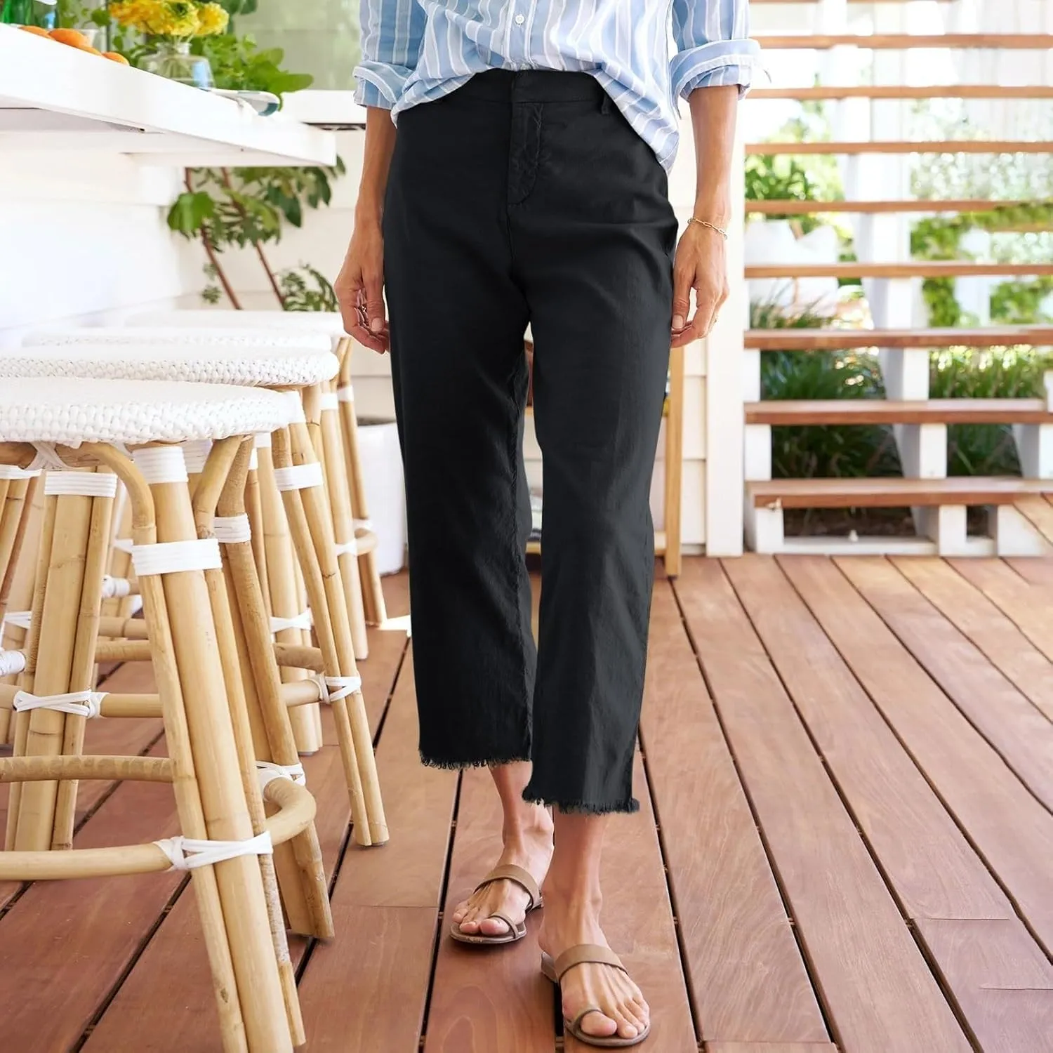 Cotton Linen Cropped Pants Women 2025 Summer Business Straight Leg Capris Work Pants Ankle Length Chino Trousers