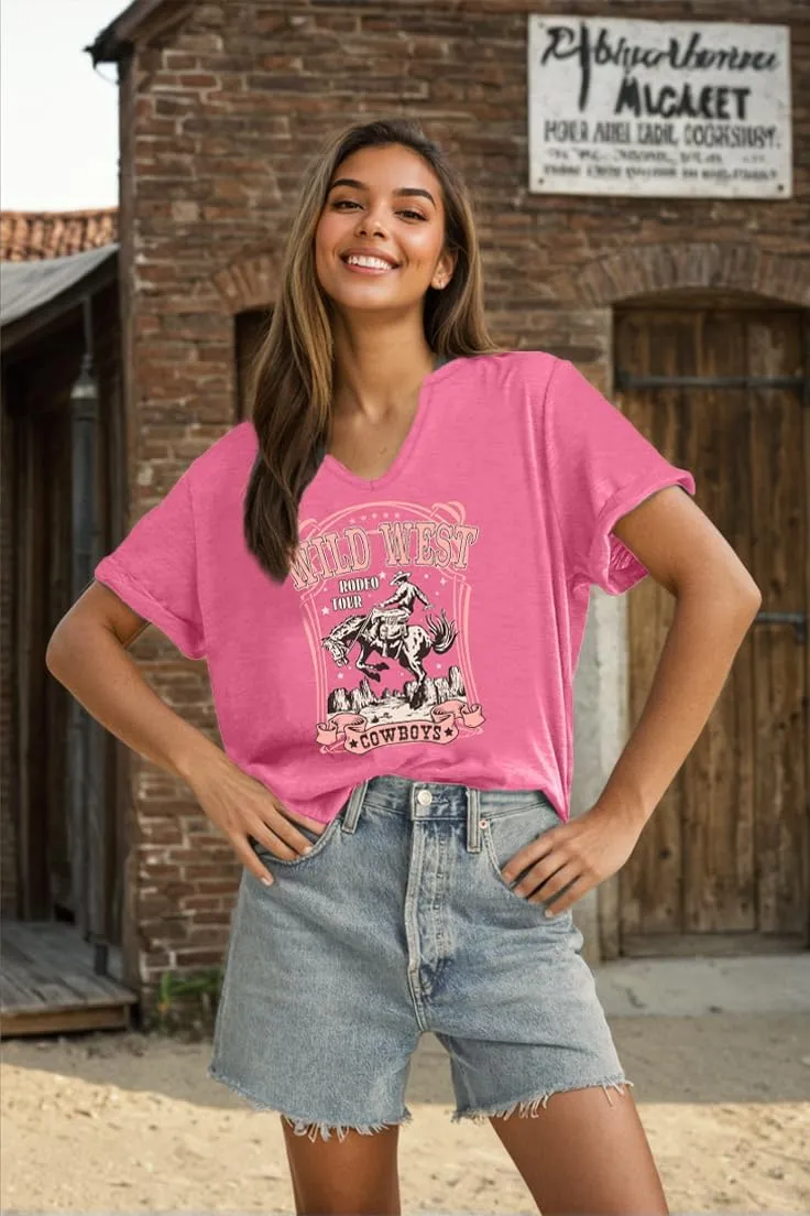 Cowboy Shirts for Women V Neck Vintage Rodeo T Shirt Western Fashion Graphic Short Sleeve Tee Tops