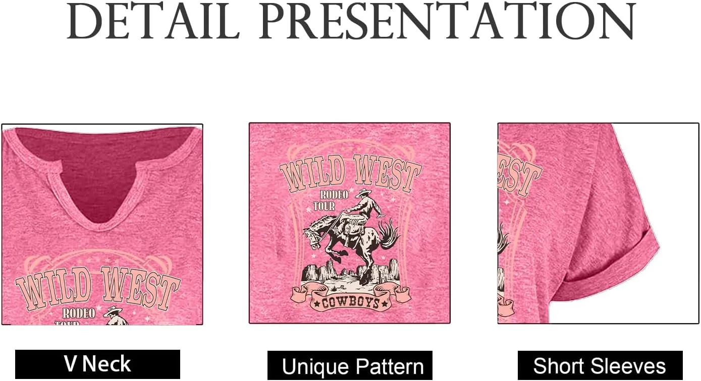 Cowboy Shirts for Women V Neck Vintage Rodeo T Shirt Western Fashion Graphic Short Sleeve Tee Tops