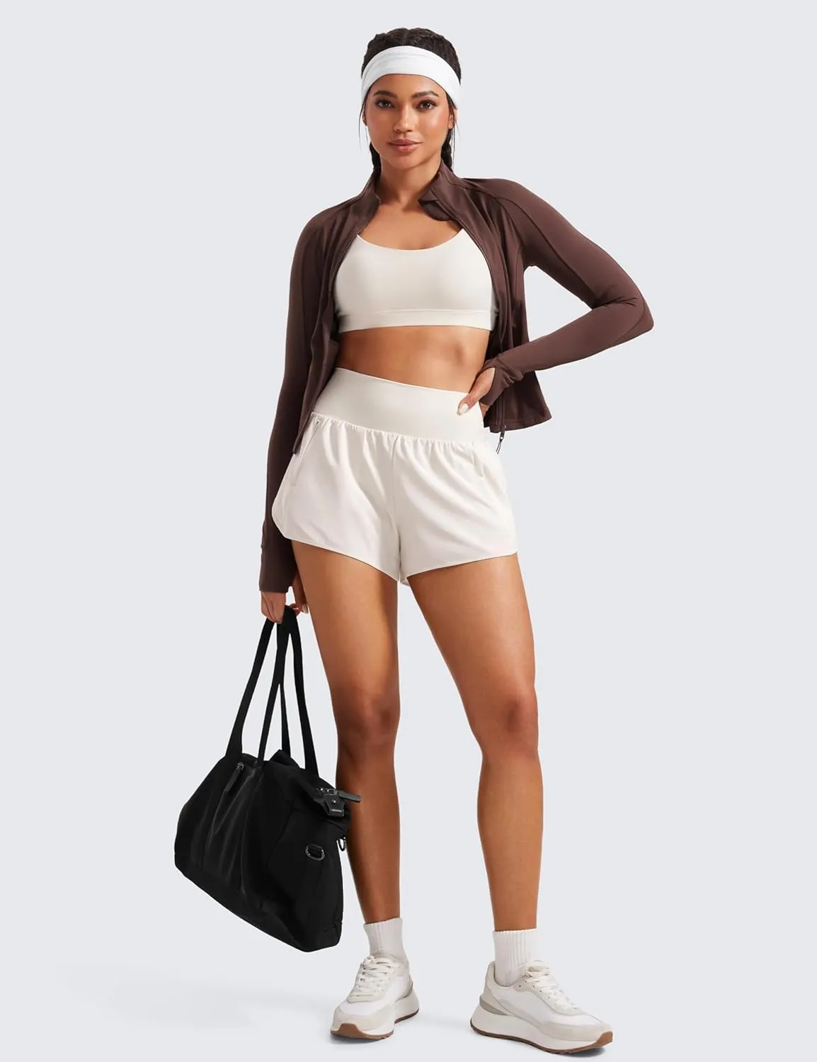 CRZ YOGA High Waisted Running Shorts for Women Ruffled Trim Tummy Control for Athletic with Mesh Liner Zip Pocket