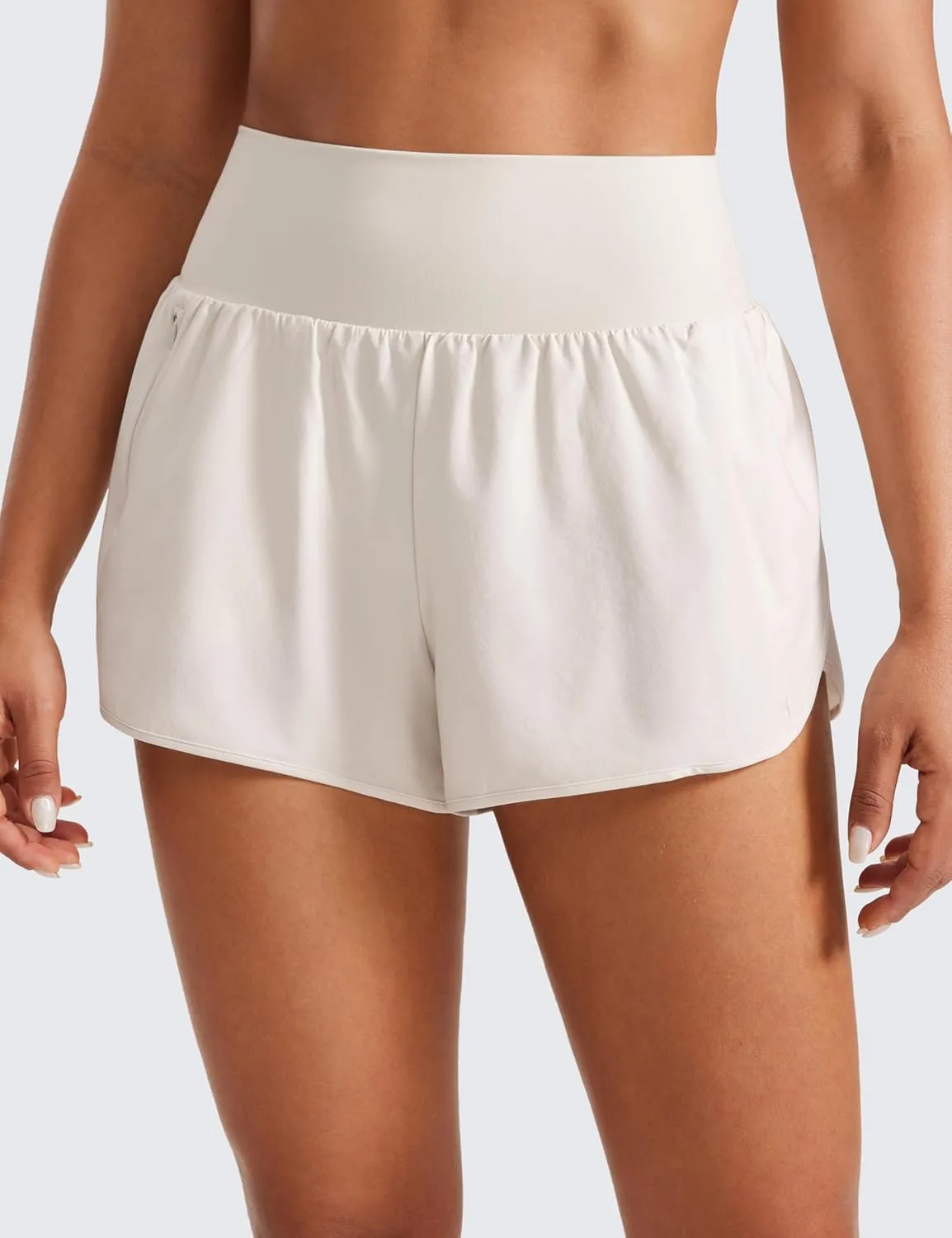 CRZ YOGA High Waisted Running Shorts for Women Ruffled Trim Tummy Control for Athletic with Mesh Liner Zip Pocket