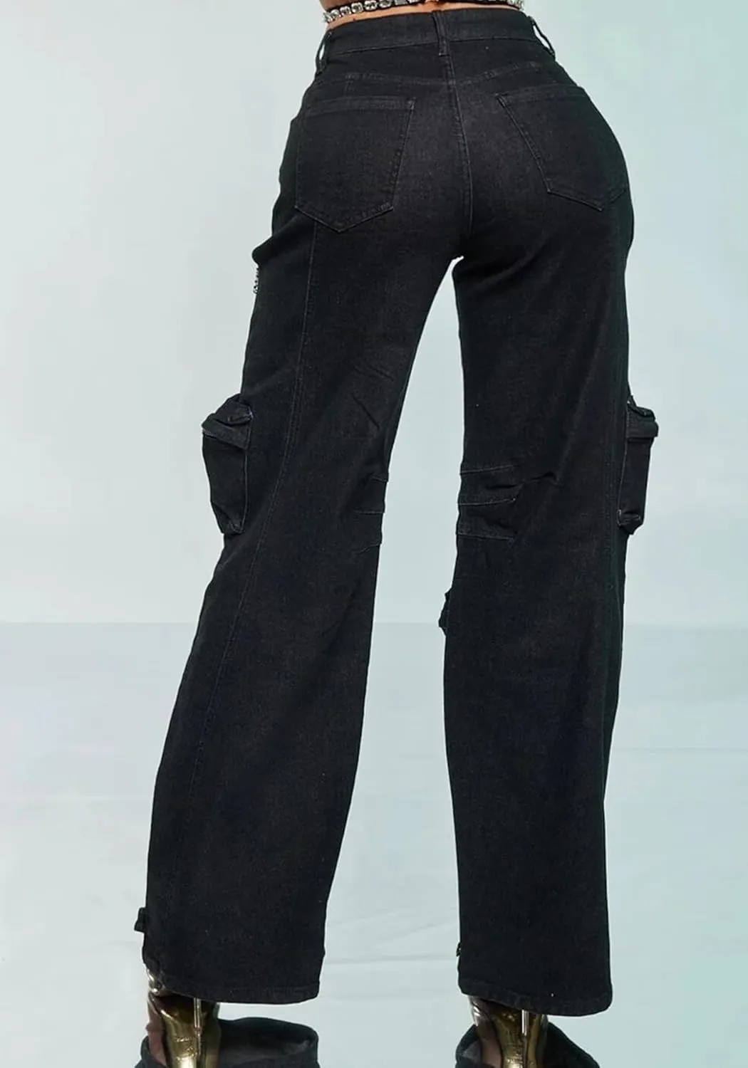 DINGANG Women's High Waisted Cargo Jeans Rhinestones Bling Stretchy Baggy Denim Pants with Flap Pockets