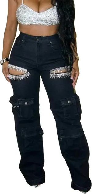 DINGANG Women's High Waisted Cargo Jeans Rhinestones Bling Stretchy Baggy Denim Pants with Flap Pockets