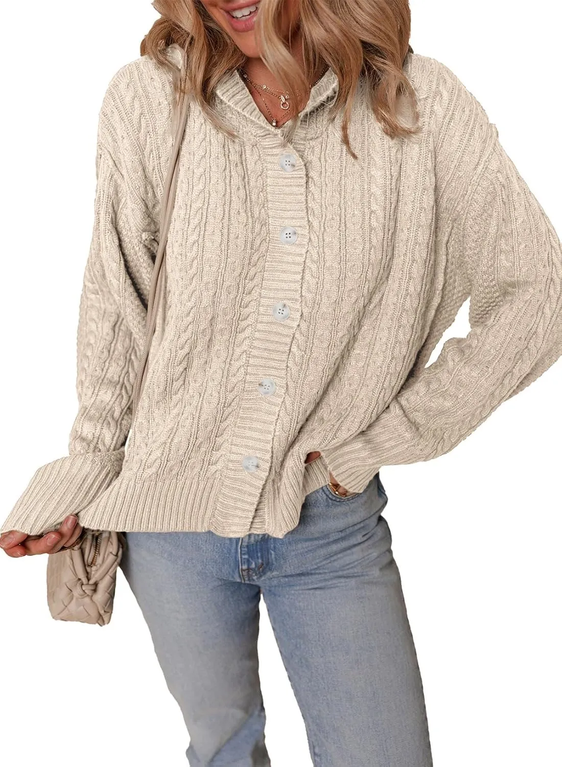 Dokotoo Oversized Sweaters for Women Casual Solid Long Sleeve Button Down Chunky Knit Hooded Cardigan Sweaters Coat