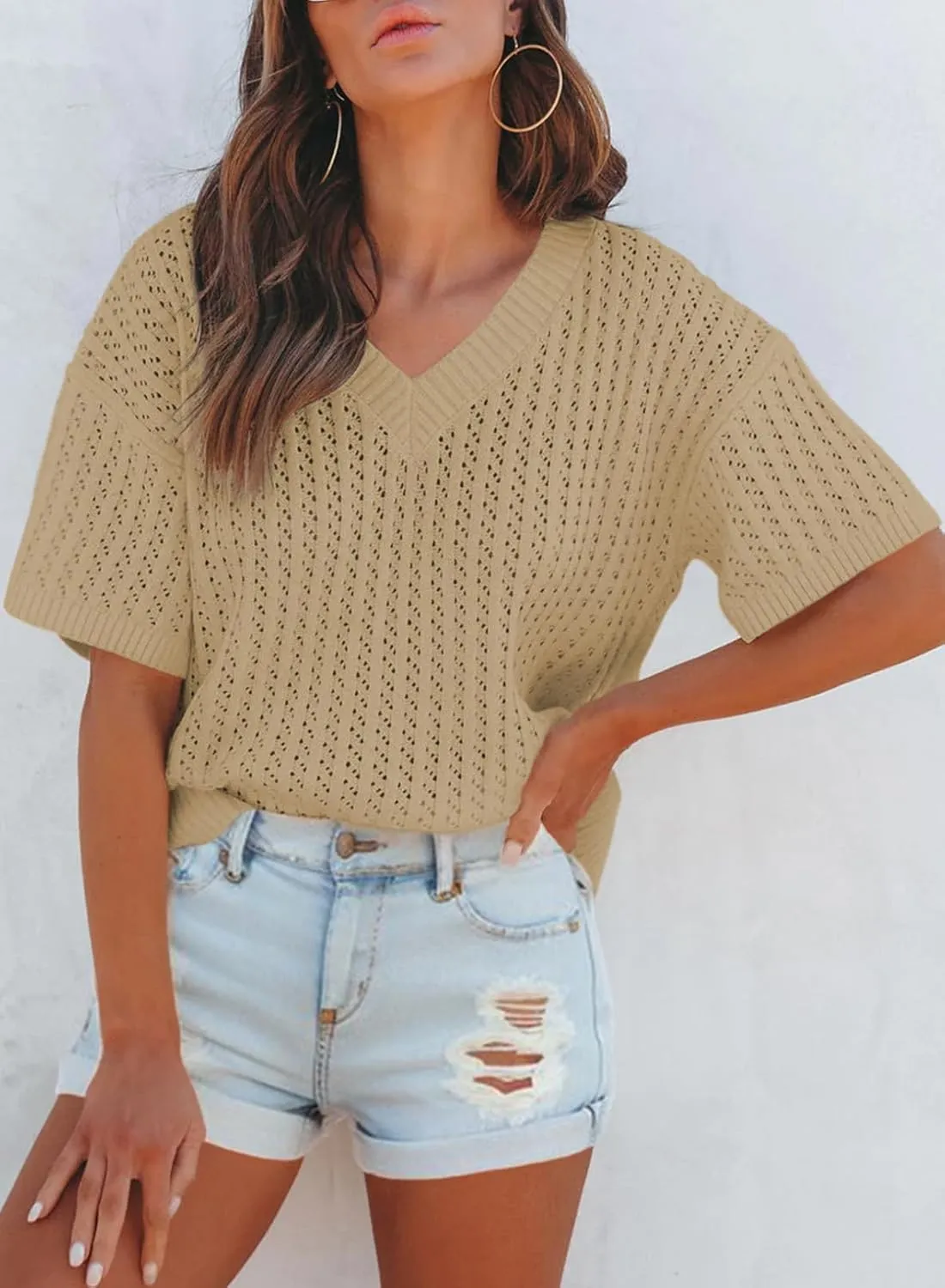 Dokotoo Womens Casual Summer Tops V Neck Short Sleeve Shirts Solid Hollow Out Lightweight Loose Fit Sweater Blouses