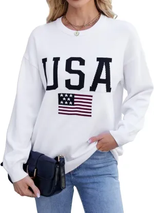 Dressmine Womens American Flag Sweater Knit Long Sleeve Crew Neck Graphic Elegant Soft Loose Pullover