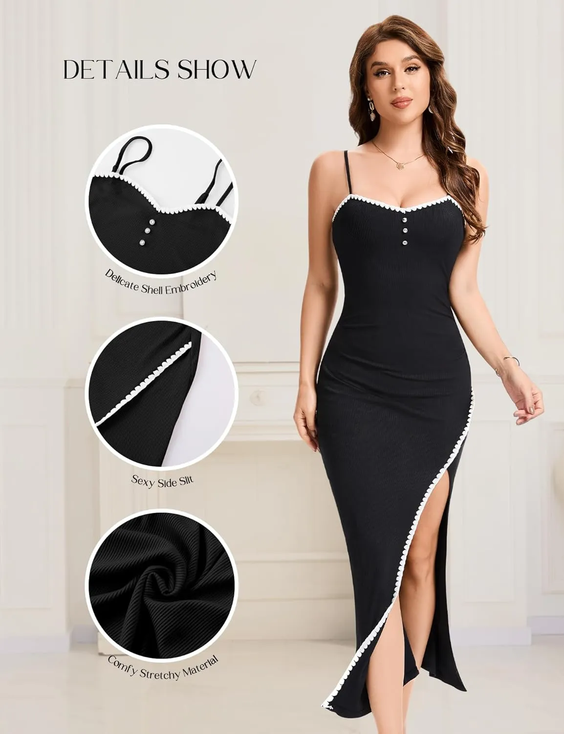 Dressystar Womens Spaghetti Strap Bodycon Formal Maxi Dress 2025 Summer Ribbed Sleeveless High Slit Embroidery Long Dresses