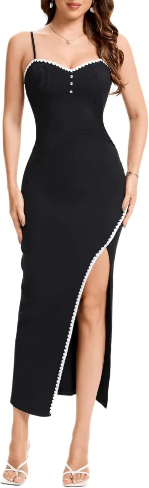 Dressystar Womens Spaghetti Strap Bodycon Formal Maxi Dress 2025 Summer Ribbed Sleeveless High Slit Embroidery Long Dresses