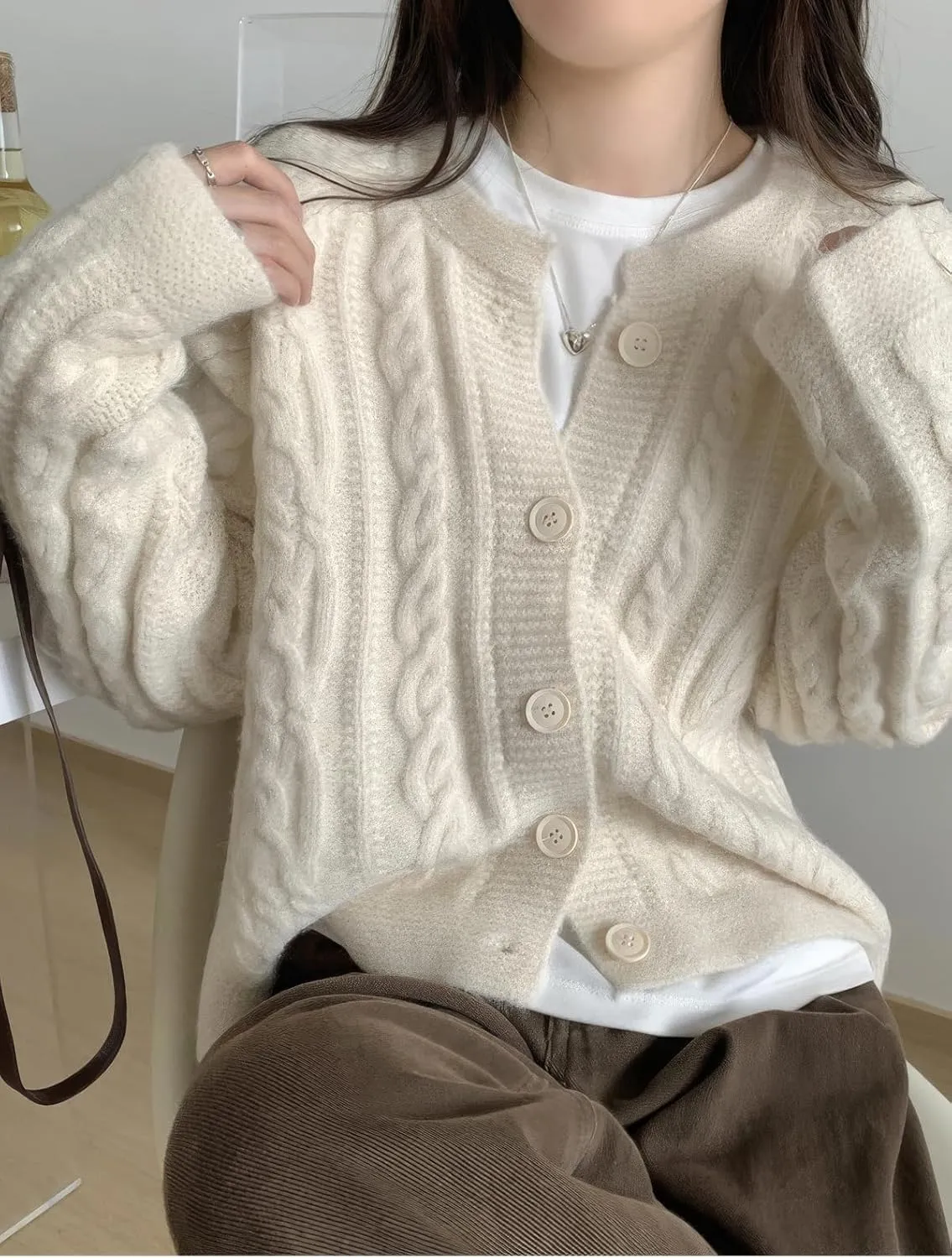 ebossy Women's Cropped Cable Knit Cardigan Long Sleeve Button Down Slouchy Loose Chunky Sweater Coat