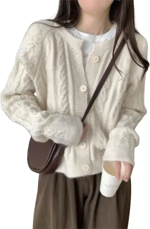 ebossy Women's Cropped Cable Knit Cardigan Long Sleeve Button Down Slouchy Loose Chunky Sweater Coat