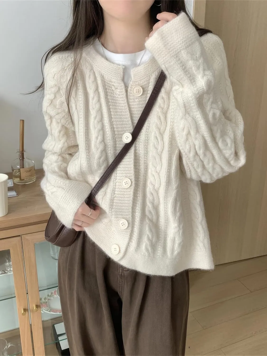 ebossy Women's Cropped Cable Knit Cardigan Long Sleeve Button Down Slouchy Loose Chunky Sweater Coat