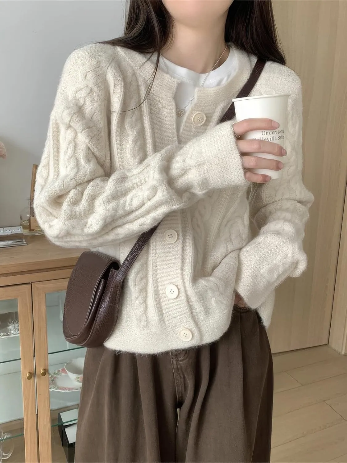 ebossy Women's Cropped Cable Knit Cardigan Long Sleeve Button Down Slouchy Loose Chunky Sweater Coat