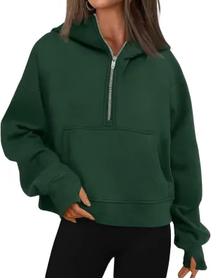 ebossy Womens Half Zip Sweatshirt Cropped Fleece Hoodies Long Sleeve Thumb Hole Oversized Pullovers with Pockets