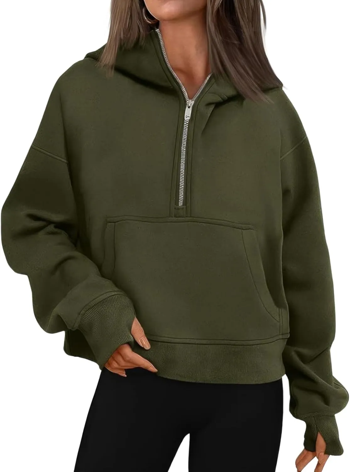 ebossy Womens Half Zip Sweatshirt Cropped Fleece Hoodies Long Sleeve Thumb Hole Oversized Pullovers with Pockets