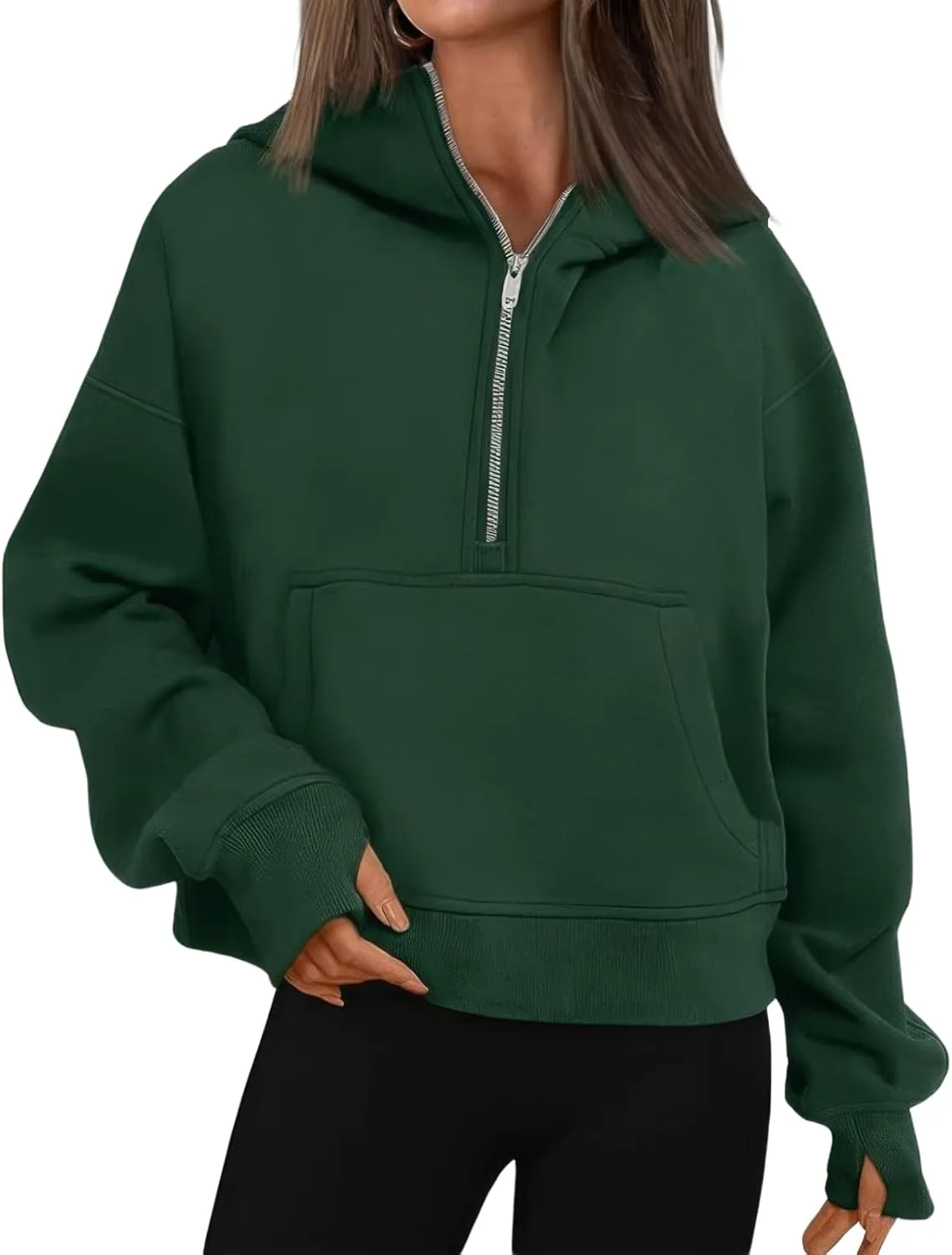 ebossy Womens Half Zip Sweatshirt Cropped Fleece Hoodies Long Sleeve Thumb Hole Oversized Pullovers with Pockets