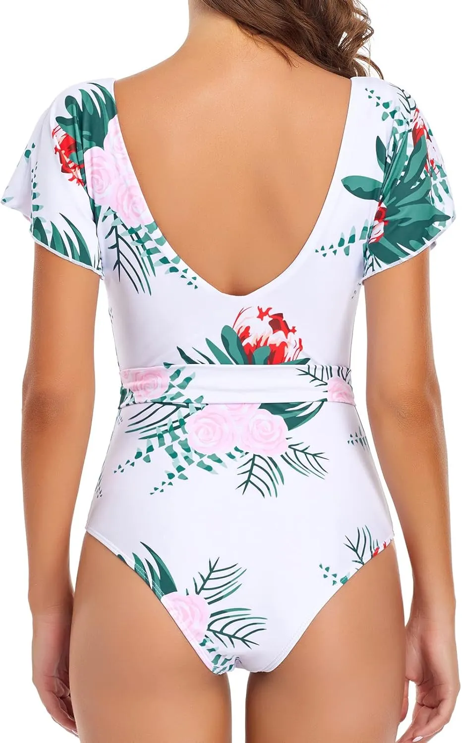 Edelqual Bodysuit Women's One Piece Deep V Swimsuit with Waist Belt Monokini Backless Ruffles Bathing Suit