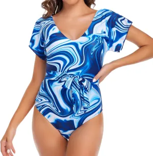 Edelqual Bodysuit Women's One Piece Deep V Swimsuit with Waist Belt Monokini Backless Ruffles Bathing Suit