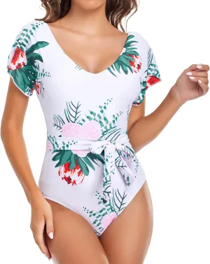 Edelqual Bodysuit Women's One Piece Deep V Swimsuit with Waist Belt Monokini Backless Ruffles Bathing Suit