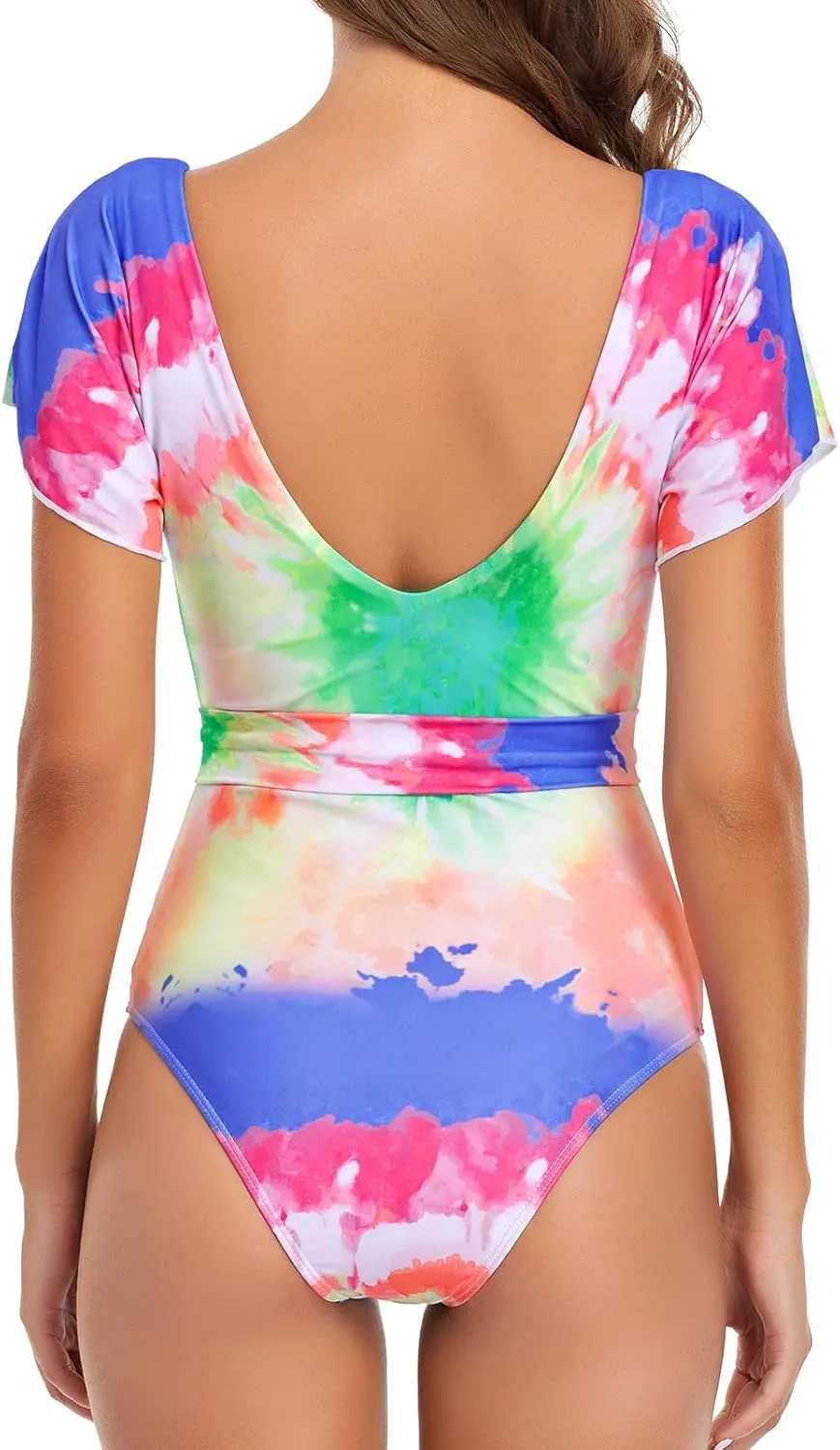 Edelqual Bodysuit Women's One Piece Deep V Swimsuit with Waist Belt Monokini Backless Ruffles Bathing Suit