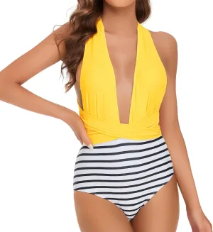 Edelqual Monokini Swimsuit for Women One Piece Deep V Neck Tummy Control Halter Crossover Strap Design Bathing Suit