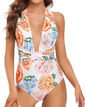 Edelqual Monokini Swimsuit for Women One Piece Deep V Neck Tummy Control Halter Crossover Strap Design Bathing Suit