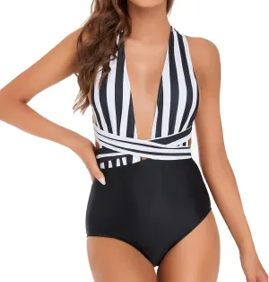 Edelqual Monokini Swimsuit for Women One Piece Deep V Neck Tummy Control Halter Crossover Strap Design Bathing Suit
