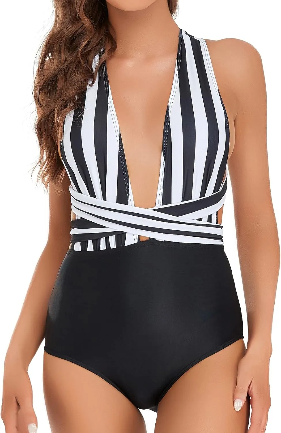 Edelqual Monokini Swimsuit for Women One Piece Deep V Neck Tummy Control Halter Crossover Strap Design Bathing Suit